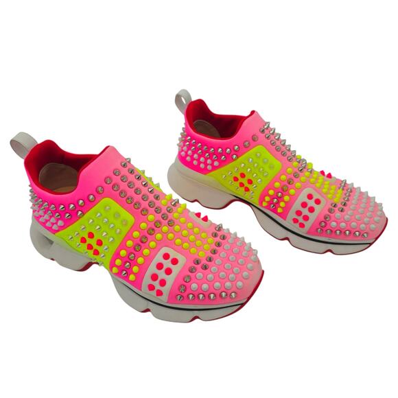 Christian Louboutin Spike Sock Sneaker Pink Yellow White Slip On Size 39 US 9 - Picture 1 of 9